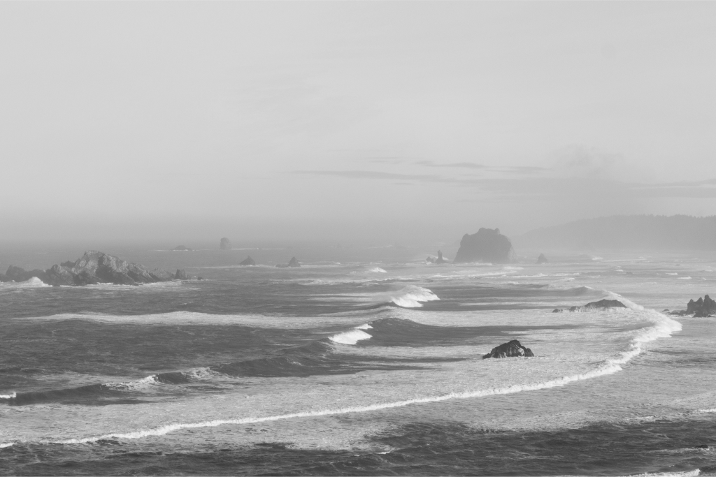 Waves breaking against a misty coast